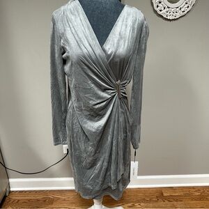 Calvin Klein grey silver Faux Suede Gathered Sheath Dress 8 velvet stretch new